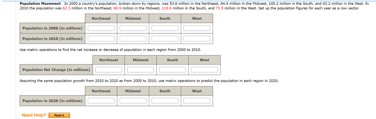 Population Movement In 2000 a country's population, broken down by regions, was 53.6 million in the Northeast, 64.4 million in the Midwest, 100.2 million in the South, and 63.2 million in the West. In
2010 the population was 62.3 million in the Northeast, 66.9 million in the Midwest, 119.6 million in the South, and 71.9 million in the West. Set up the population figures for each year as a row vector.
Northeast
Midwest
South
West
Population in 2000 (in millions)
Population in 2010 (in millions)
Use matrix operations to find the net increase or decrease of population in each region from 2000 to 2010.
Northeast
Midwest
South
West
Population Net Change (in millions)
Assuming the same population growth from 2010 to 2020 as from 2000 to 2010, use matrix operations to predict the population in each region in 2020.
Northeast
Midwest
South
West
Population in 2020 (in millions)
Need Help?
Read It
