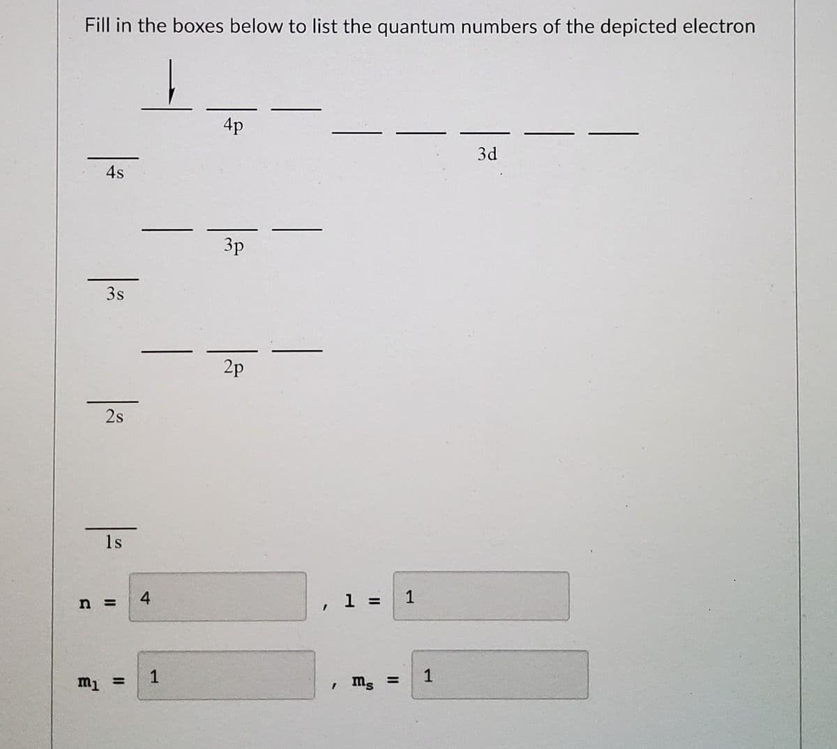 Fill in the boxes below to list the quantum numbers of the depicted electron
4s
3s
2s
1s
n =
m₁ =
st
4
1
4p
3p
2p
1 =
, Ms =
1
1
3d
