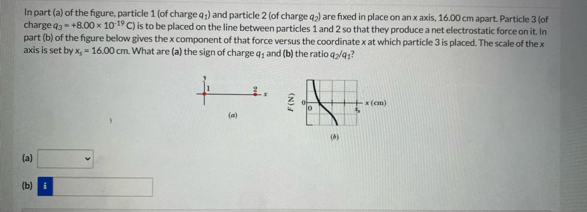 In part (a) of the figure, particle 1 (of charge q1) and particle 2 (of charge q2) are fixed in place on an x axis, 16.00 cm apart. Particle 3 (of
charge q3 = +8.00 × 10 19 C) is to be placed on the line between particles 1 and 2 so that they produce a net electrostatic force on it. In
part (b) of the figure below gives the x component of that force versus the coordinate x at which particle 3 is placed. The scale of thex
axis is set by x, = 16.00 cm. What are (a) the sign of charge q1 and (b) the ratio q2/q1?
x (cm)
(a)
(b)
(a)
(b) i
(N)I

