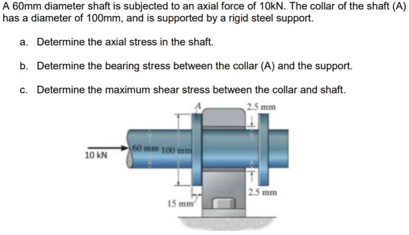 A 60mm diameter shaft is subjected to an axial force of 10KN. The collar of the shaft (A)
has a diameter of 100mm, and is supported by a rigid steel support.
a. Determine the axial stress in the shaft.
b. Determine the bearing stress between the collar (A) and the support.
c. Determine the maximum shear stress between the collar and shaft.
2.5 mm
60 mm 100 mm
10 kN
2.5 mm
15 mm
