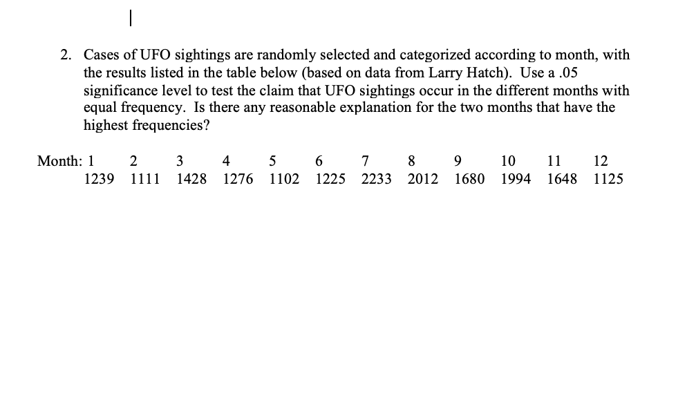 2. Cases of UFO sightings are randomly selected and categorized according to month, with
the results listed in the table below (based on data from Larry Hatch). Use a .05
significance level to test the claim that UFO sightings occur in the different months with
equal frequency. Is there any reasonable explanation for the two months that have the
highest frequencies?
Month: 1
2
3
4
5
6.
7
8
9.
10
11
12
1239
1111
1428
1276
1102
1225 2233 2012
1680 1994
1648
1125
