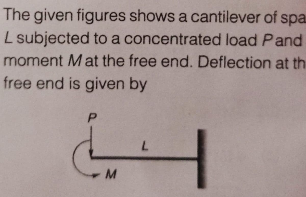 The given figures shows a cantilever of spa
L subjected to a concentrated load Pand
moment Mat the free end. Deflection at th
free end is given by
7.
M.
