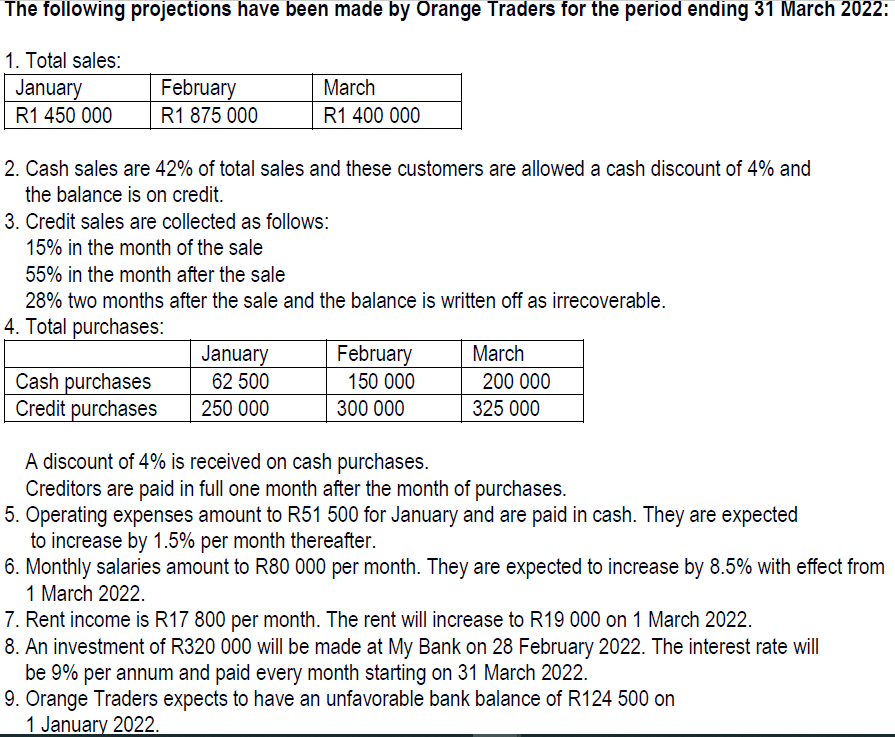 The following projections have been made by Orange Traders for the period ending 31 March 2022:
1. Total sales:
February
R1 875 000
January
March
R1 450 000
R1 400 000
2. Cash sales are 42% of total sales and these customers are allowed a cash discount of 4% and
the balance is on credit.
3. Credit sales are collected as follows:
15% in the month of the sale
55% in the month after the sale
28% two months after the sale and the balance is written off as irrecoverable.
4. Total purchases:
January
February
March
Cash purchases
Credit purchases
62 500
150 000
200 000
250 000
300 000
325 000
A discount of 4% is received on cash purchases.
Creditors are paid in full one month after the month of purchases.
5. Operating expenses amount to R51 500 for January and are paid in cash. They are expected
to increase by 1.5% per month thereafter.
6. Monthly salaries amount to R80 000 per month. They are expected to increase by 8.5% with effect from
1 March 2022.
7. Rent income is R17 800 per month. The rent will increase to R19 000 on 1 March 2022.
8. An investment of R320 000 will be made at My Bank on 28 February 2022. The interest rate will
be 9% per annum and paid every month starting on 31 March 2022.
9. Orange Traders expects to have an unfavorable bank balance of R124 500 on
1 January 2022.
