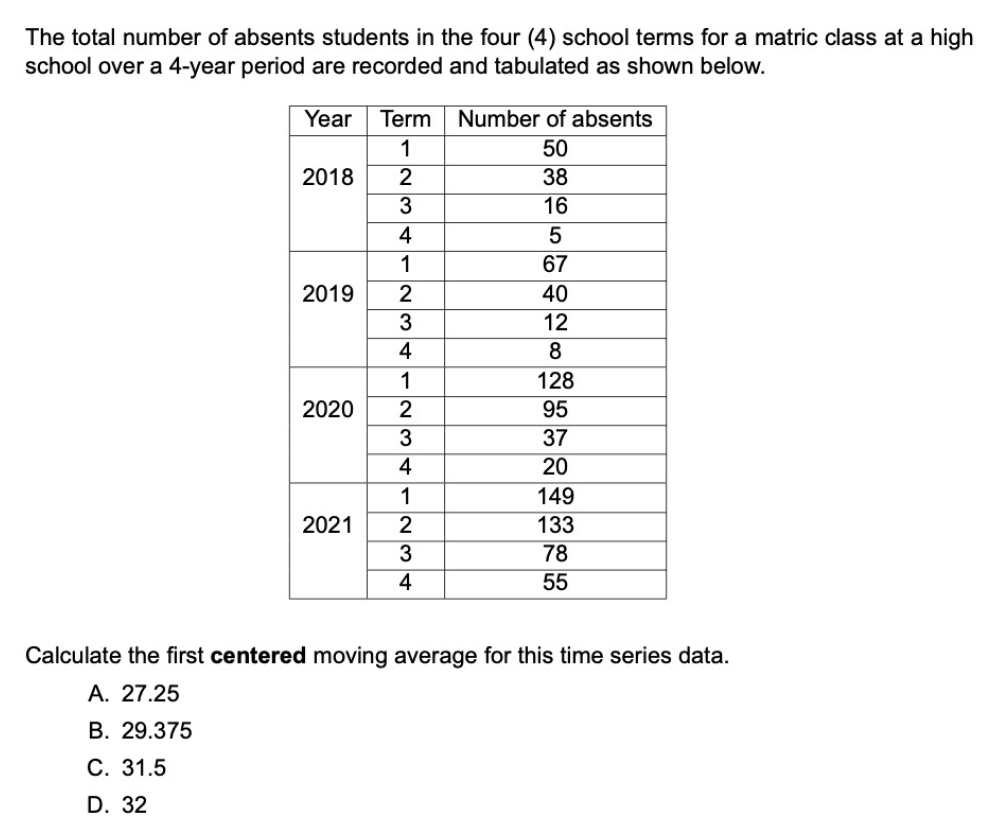 The total number of absents students in the four (4) school terms for a matric class at a high
school over a 4-year period are recorded and tabulated as shown below.
Year
Term
Number of absents
1
50
2018
2
38
16
4
1
67
2019
2
40
12
4
8
1
128
2020
95
37
4
20
1
149
2021
2
133
3
78
4
55
Calculate the first centered moving average for this time series data.
A. 27.25
В. 29.375
С. 31.5
D. 32
