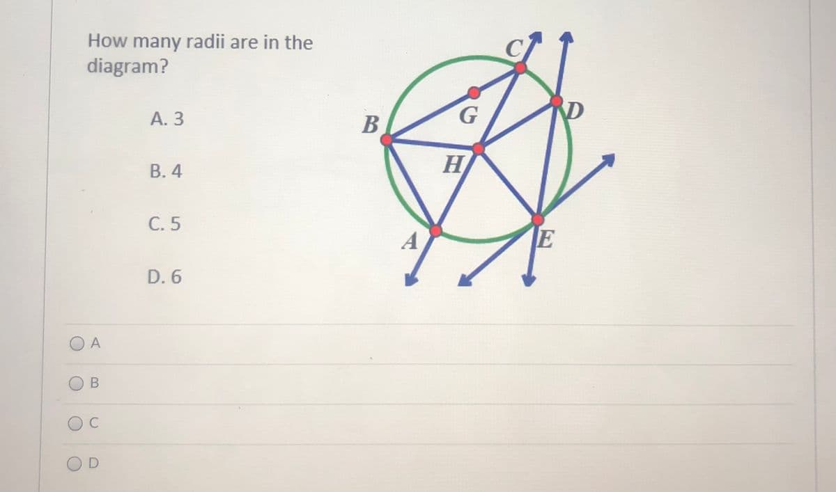 How many radii are in the
diagram?
А. 3
G.
В. 4
H
С.5
A
E
D. 6
A
C
