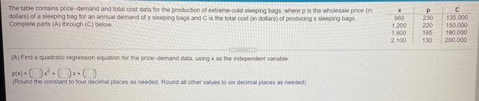 The table contains price-demand and total cost data for the production of extreme-cold sleeping bags where p is the wholesale price (in
dollars) of a sleeping bag for an annual demand of x sleeping bags and C is the total cost (in dollars) of producing x sleeping bags.
Complete parts (A) through (C) below
230
135,000
150.000
180,000
200.000
960
1.200
1,800
2,100
220
165
130
(A) Find a quadratic regression equation for the price demand data, using x as the independent variable.
p(x) = O Ox+O
(Round the constant to four decimal places as needed, Round all other values to six decimal places as needed)
