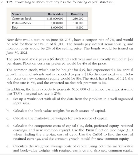 2. TRM Consulting Services currently has the following capital structure:
Source
Book Value
Quantity
Common Stock
$ 25,000,000
1,250,000
Preferred Stock
5,000,000
100,000
Debt
8,600,000
8,600
New debt would mature on June 30, 2051, have a coupon rate of 7%, and would
be sold for their par value of $1,000. The bonds pay interest semiannually, and
flotation costs would be 2% of the selling price. The bonds would be issued on
June 30, 2021.
The preferred stock pays a $6 dividend each year and is currently valued at $75
per share. Flotation costs on preferred would be 4% of the price.
The common stock, which can be bought for $35, has experienced a 6% annual
growth rate in dividends and is expected to pay a $1.65 dividend next year. Flota-
tion costs on new common equity would be 8%. The stock has a beta of 1.25, the
risk-free rate is 3%, and the expected market risk premium is 6%.
In addition, the firm expects to generate $150,000 of retaincd carnings. Assume
that TRM's marginal tax rate is 25%.
Set up a worksheet with all of the data from the problem in a well-organized
input area.
a.
b. Calculate the book-valuc weights for cach source of capital.
Calculate the market-value weights for each source of capital.
C.
d. Calculate the component costs of capital (i.e., debt, preferred equity, retained
earnings, and new common equity). Use the YIELD function (see page 311)
when finding the after-tax cost of debt. Use the CAPM to find the cost of
retained earnings, and the constant growth model for new common equity.
e. Calculate the weighted average costs of capital using both the market-value
and book-value weights with retained carnings and also new common equity.
