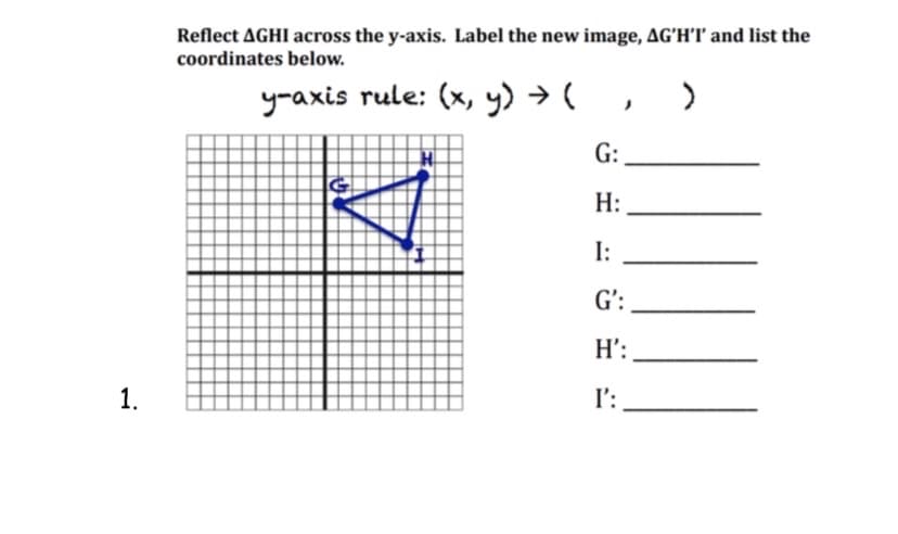 Reflect AGHI across the y-axis. Label the new image, AG'H'T' and list the
coordinates below.
y-axis rule: (x, y) → (
G:
H:
I:
G':
H':
1.
I':
