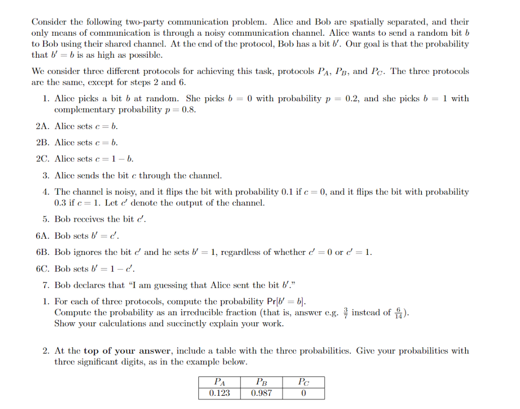 Consider the following two-party communication problem. Alice and Bob are spatially separated, and their
only mcans of communication is through a noisy communication channel. Alice wants to send a random bit b
to Bob using their shared channel. At the end of the protocol, Bob has a bit b’. Our goal is that the probability
that b' = b is as high as possible.
We consider three different protocols for achieving this task, protocols PA, PB, and Pc. The three protocols
are the same, except for steps 2 and 6.
1. Alice picks a bit b at random. She picks b = 0 with probability p = 0.2, and she picks b = 1 with
complementary probability p= 0.8.
2A. Alice sets c= b.
2B. Alice sets c= b.
2C. Alice sets c= 1 – b.
3. Alice sends the bit c through the channel.
4. The channel is noisy, and it flips the bit with probability 0.1 if c= 0, and it flips the bit with probability
0.3 if c= 1. Let c' denote the output of the channel.
5. Bob receives the bit c'.
6A. Bob sets b' = c'.
6B. Bob ignores the bit c' and he sets b' = 1, regardless of whcther d' = 0 or c = 1.
6C. Bob sets b' = 1 – c'.
7. Bob declares that "I am guessing that Alice sent the bit b'."
1. For cach of three protocols, compute the probability Pr[b' = b].
Compute the probability as an irreducible fraction (that is, answer e.g. instead of ).
Show your calculations and succinctly explain your work.
2. At the top of your answer, include a table with the three probabilities. Give your probabilities with
three significant digits, as in the cexample below.
РА
0.123
PB
Pc
0.987
