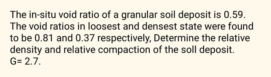 The in-situ void ratio of a granular soil deposit is 0.59.
The void ratios in loosest and densest state were found
to be 0.81 and 0.37 respectively, Determine the relative
density and relative compaction of the soll deposit.
G= 2.7.
