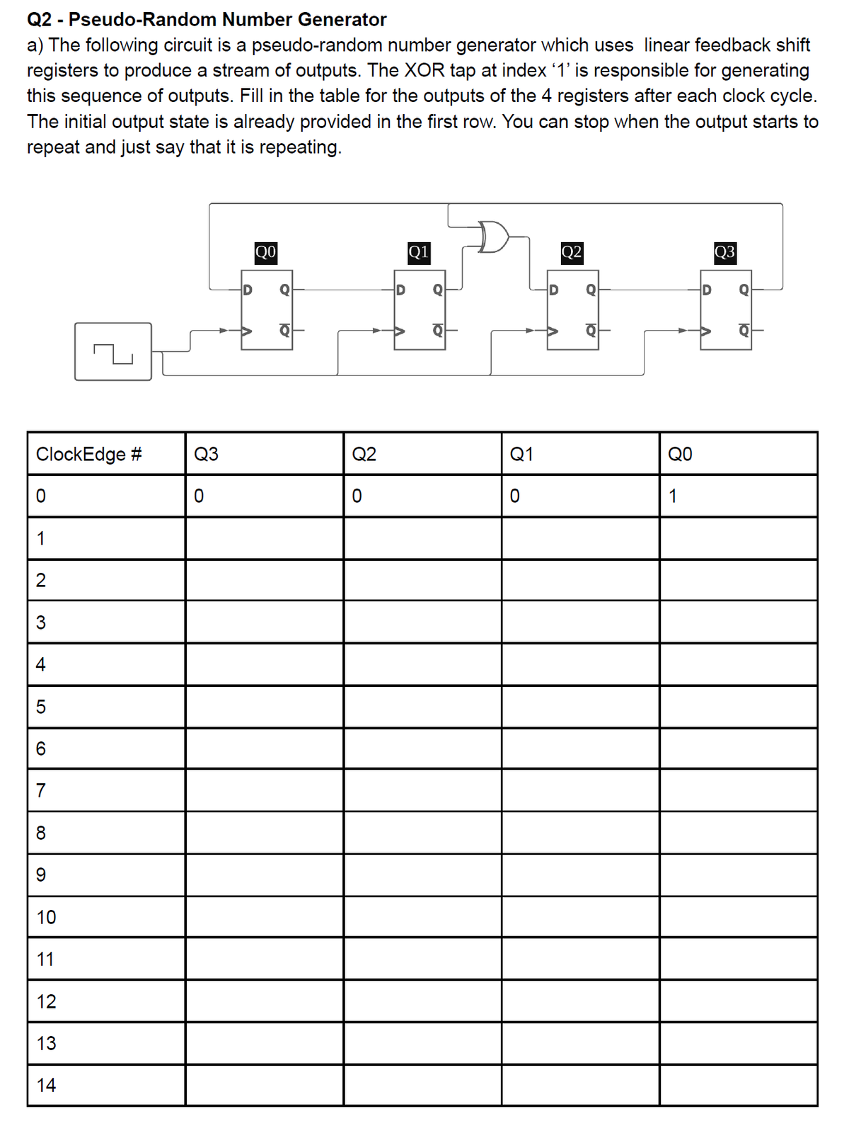 Q2 - Pseudo-Random Number Generator
a) The following circuit is a pseudo-random number generator which uses linear feedback shift
registers to produce a stream of outputs. The XOR tap at index '1' is responsible for generating
this sequence of outputs. Fill in the table for the outputs of the 4 registers after each clock cycle.
The initial output state is already provided in the first row. You can stop when the output starts to
repeat and just say that it is repeating.
QO
Q1
Q2
Q3
ID
ClockEdge #
Q3
Q2
Q1
QO
1
1
2
3
7
10
11
12
13
14
00
