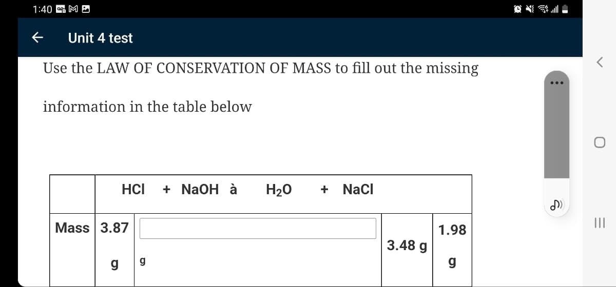 1:40 M P
Unit 4 test
Use the LAW OF CONSERVATION OF MASS to fill out the missing
information in the table below
HCI
+ NaOH à
H20
+
NaCl
Mass 3.87
1.98
3.48 g
g
