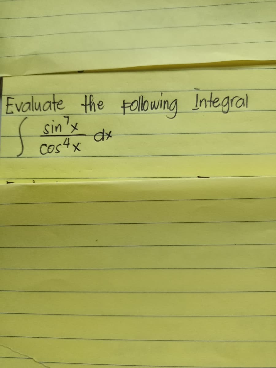 Evaluate the tolowing Integral
sin'x
cos4x
