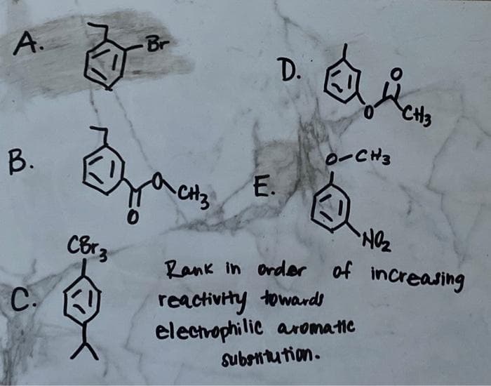 A.
-Br
D.
0-CH3
E.
acats
Rank in order of increasing
reactivity towards
electrophilic aromatic
Subsitution.
C.
B.

