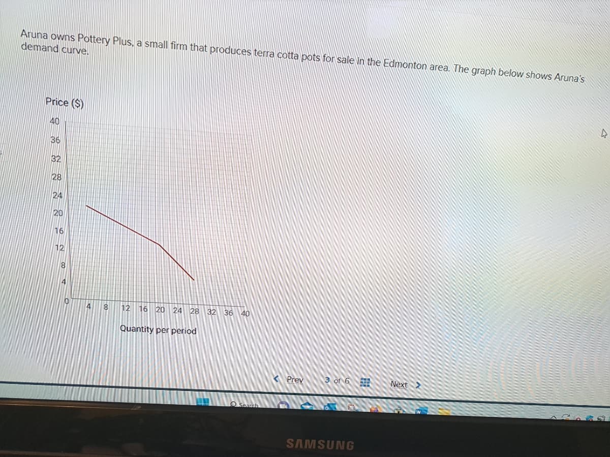 Aruna owns Pottery Plus, a small firm that produces terra cotta pots for sale in the Edmonton area. The graph below shows Aruna's
demand curve.
Price ($)
40
36
32
28
24
20
16
12
8
4 8
12 16 20 24 28 32 36 40
Quantity per period
Search
3 of 6
SAMSUNG
Next >
4