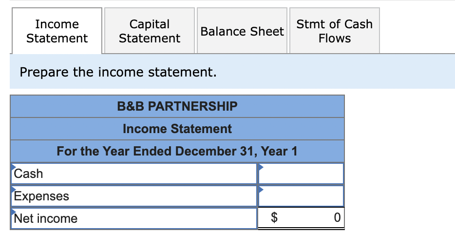 Income
Statement
Capital
Statement
Prepare the income statement.
Cash
Expenses
Net income
Balance Sheet
Stmt of Cash
Flows
B&B PARTNERSHIP
Income Statement
For the Year Ended December 31, Year 1
$
0