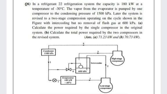 Q6) In a refrigerant 22 refrigeration system the capacity is 180 kW at a
temperature of -30°C. The vapor from the evaporator is pumped by one
compressor to the condensing pressure of 1500 kPa. Later the system is
revised to a two-stage compression operating on the cycle shown in the
Figure with intercooling but no removal of flash gas at 600 kPa. (a)
Calculate the power required by the single compressor in the original
system. (b) Calculate the total power required by the two compressors in
the revised system.
(Ans. (a) 71.23 kW and (b) 70.73 kW).
Condenser
1500 KP
lighstage
compressor
Intercooler
600
Evaporator
180 W
30°C
Lowstage
compressor
