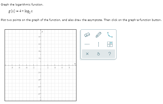 Graph the logarithmic function.
g(x) = 4 + log,x
Plot two points on the graph of the function, and also draw the asymptote. Then click on the graph-a-function button.
?
