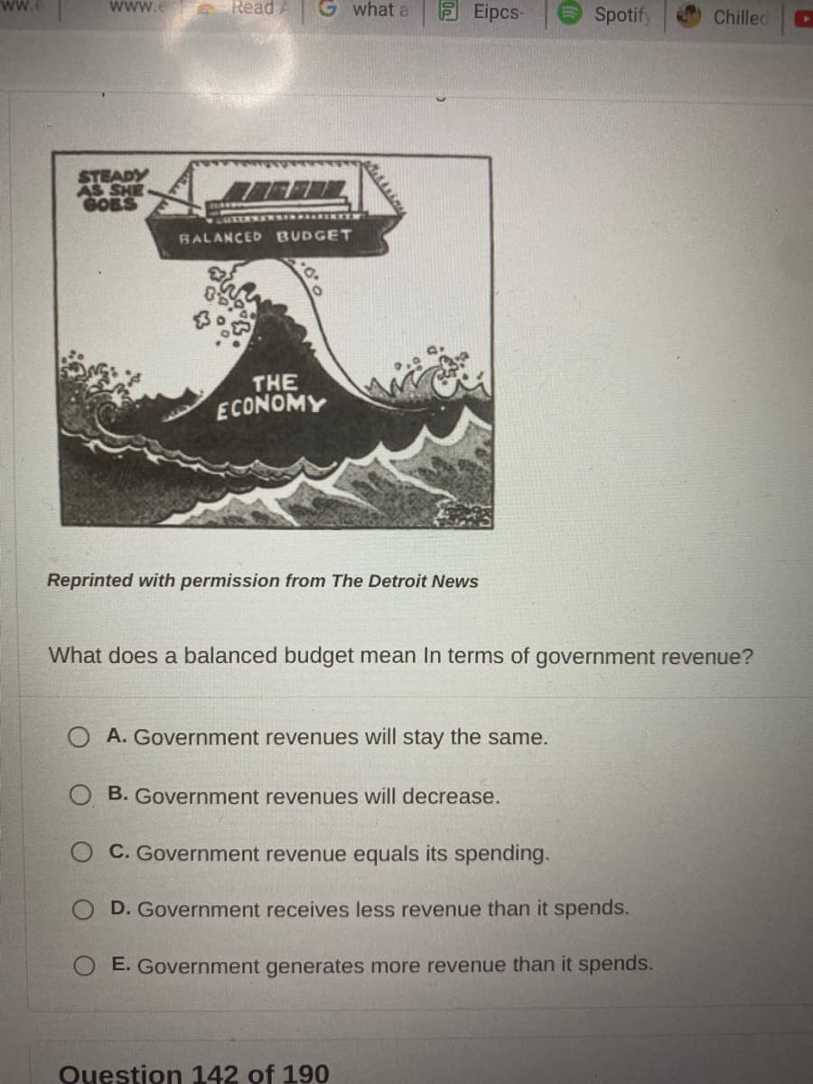 ww.
STEADY
AS SHE
GOES
Read A
G what a
BALANCED BUDGET
THE
ECONOMY
Eipcs-
Reprinted with permission from The Detroit News
O A. Government revenues will stay the same.
B. Government revenues will decrease.
Spotify
What does a balanced budget mean In terms of government revenue?
Question 142 of 190
OC. Government revenue equals its spending.
O D. Government receives less revenue than it spends.
O E. Government generates more revenue than it spends.
Chilled C