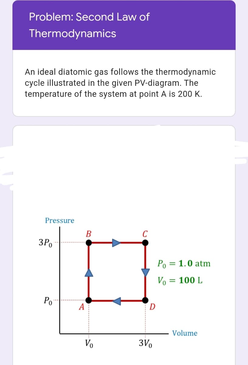 Problem: Second Law of
Thermodynamics
An ideal diatomic gas follows the thermodynamic
cycle illustrated in the given PV-diagram. The
temperature of the system at point A is 200 K.
Pressure
В
C
3P,
Po = 1.0 atm
Vo = 100 L
Po
A
Volume
Vo
3Vo
