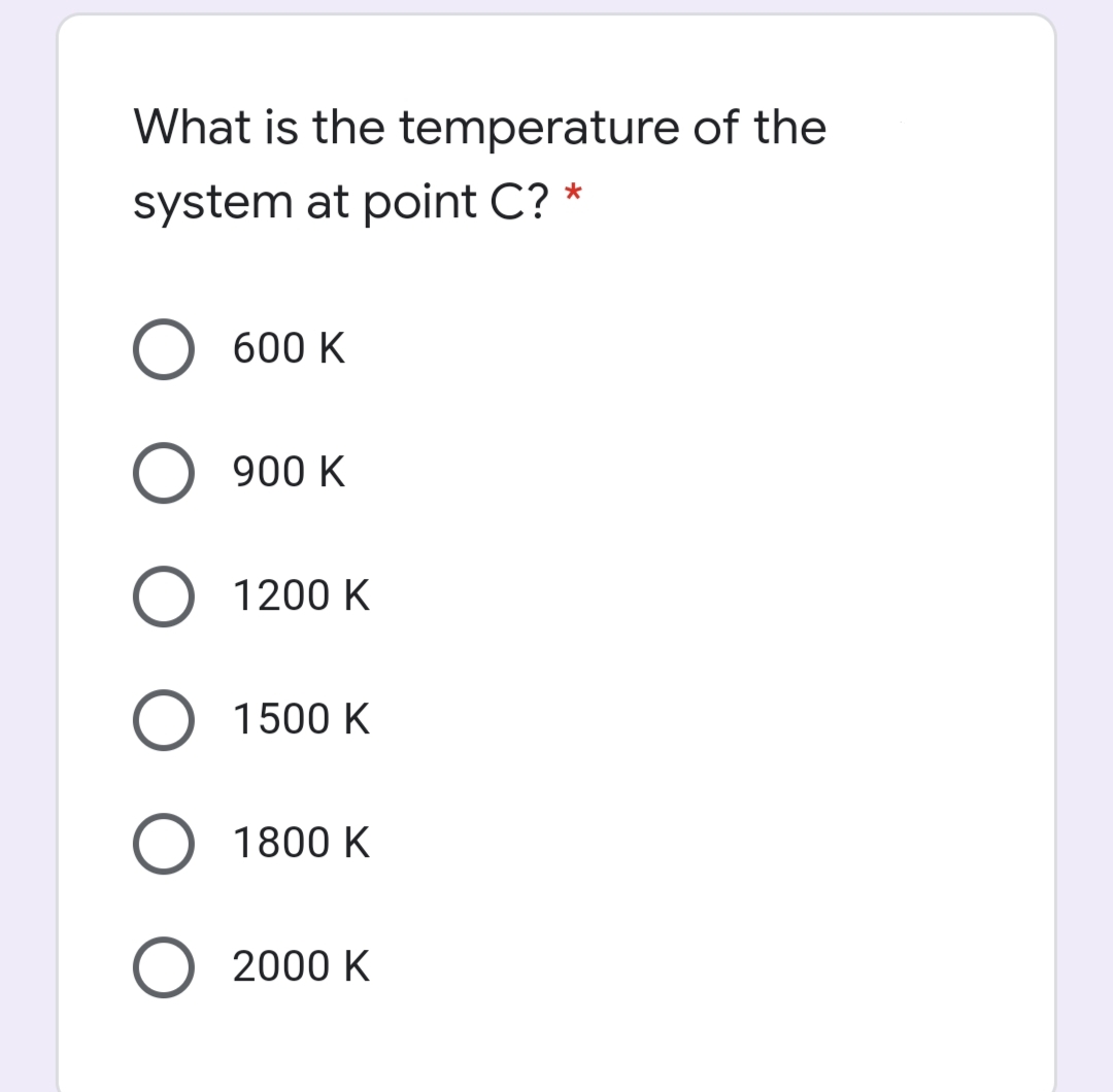 What is the temperature of the
system at point C? *
600 K
900 K
1200 K
O 1500 K
1800 K
O 2000 K
