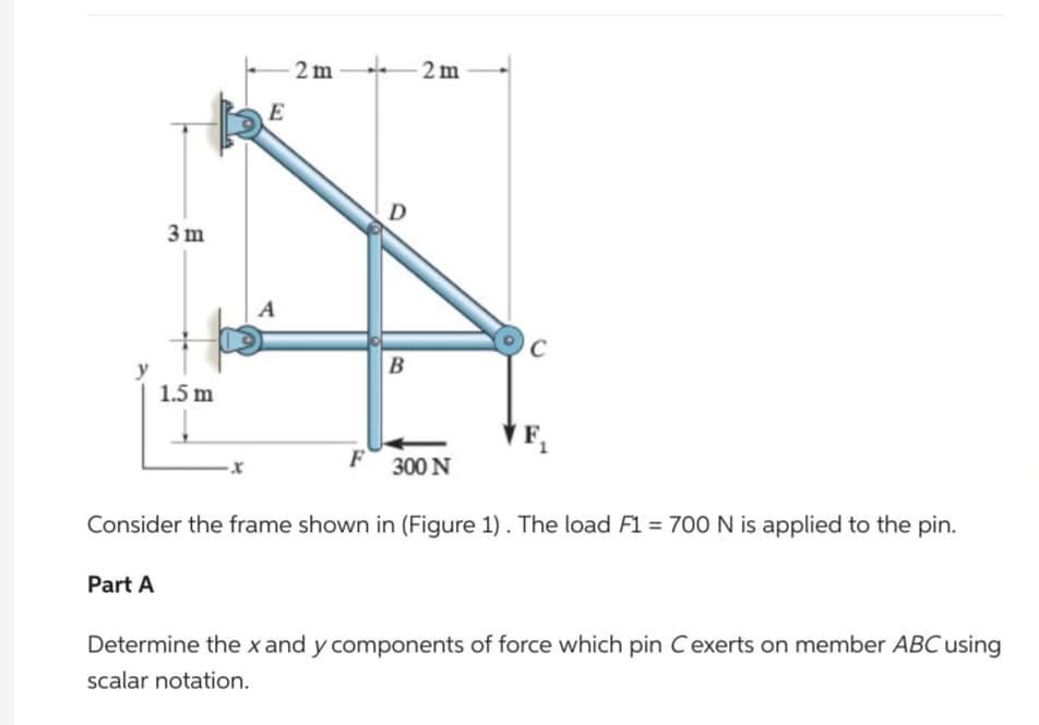 3m
Part A
1.5 m
Į
·x
-2 m
E
A
de 2m
F
D
B
300 N
C
Consider the frame shown in (Figure 1). The load F1 = 700 N is applied to the pin.
Determine the x and y components of force which pin C exerts on member ABC using
scalar notation.