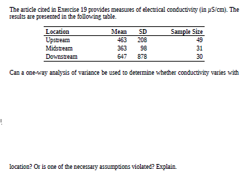 The article cited in Exercise 19 provides measures of electrical conductivity (in uS/cm). The
results are presented in the following table.
Sample Size
49
Location
Mean
SD
Upstream
463
208
Midstream
363
98
31
Downstream
647
878
30
Can a one-way analysis of variance be used to determine whether conductivity varies with
location? Or is one of the necessary assumptions violated? Explain.
