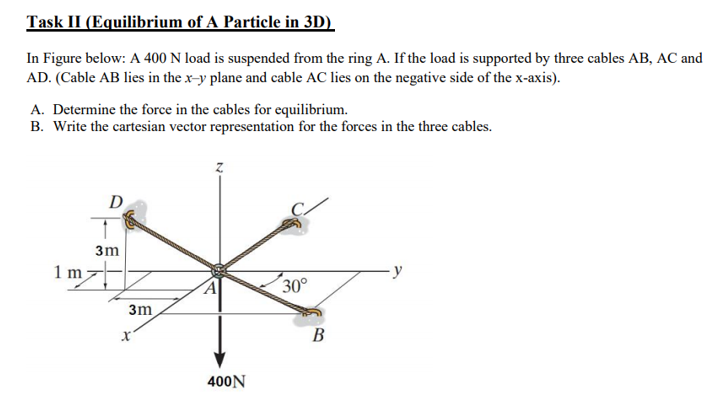 Task II (Equilibrium of A Particle in 3D)
In Figure below: A 400 N load is suspended from the ring A. If the load is supported by three cables AB, AC and
AD. (Cable AB lies in the x-y plane and cable AC lies on the negative side of the x-axis).
A. Determine the force in the cables for equilibrium.
B. Write the cartesian vector representation for the forces in the three cables.
D
3m
1 m
-y
30°
3m
В
400N
