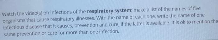 Watch the video(s) on infections of the respiratory system; make a list of the names of five
organisms that cause respiratory illnesses. With the name of each one, write the name of one
infectious disease that it causes, prevention and cure, if the latter is available. It is ok to mention the
same prevention or cure for more than one infection.