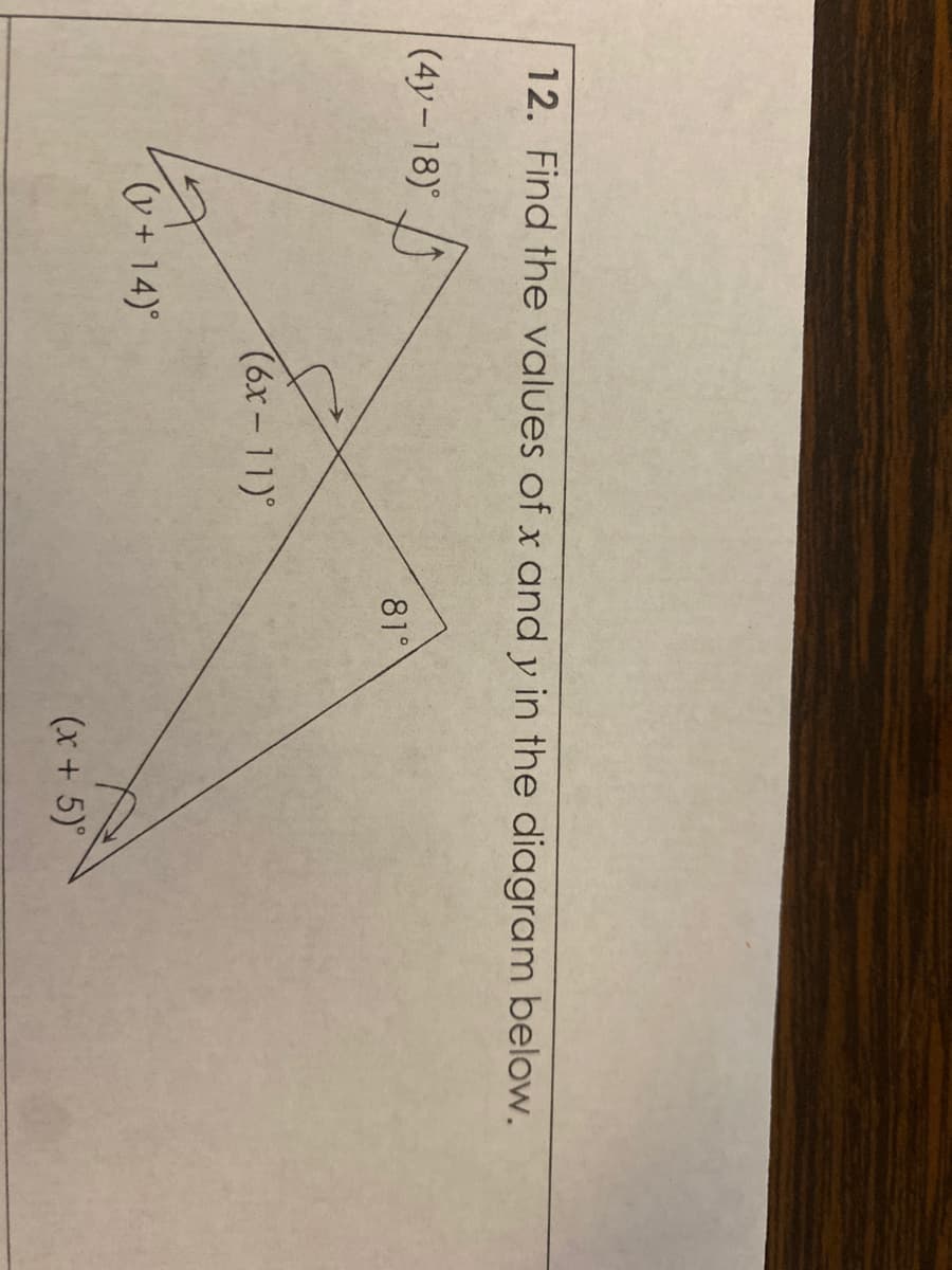 12. Find the values of x and y in the diagram below.
(4y- 18)
/
81°
(6x-11)°
(v + 14)°
(x+ 5)
