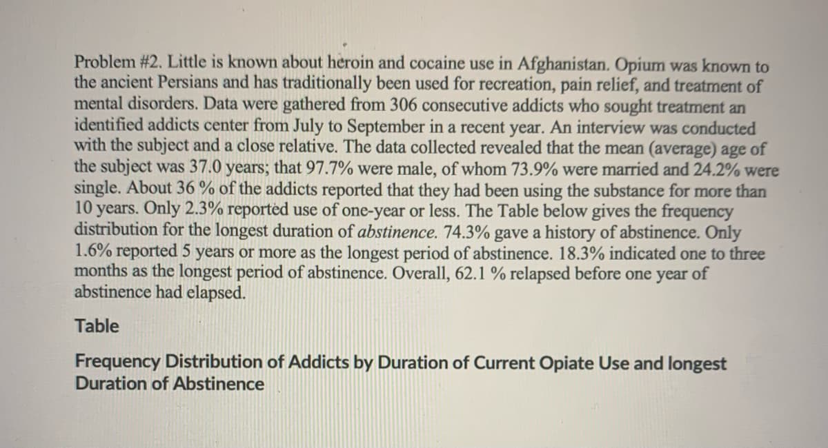 Problem #2. Little is known about heroin and cocaine use in Afghanistan. Opium was known to
the ancient Persians and has traditionally been used for recreation, pain relief, and treatment of
mental disorders. Data were gathered from 306 consecutive addicts who sought treatment an
identified addicts center from July to September in a recent year. An interview was conducted
with the subject and a close relative. The data collected revealed that the mean (average) age of
the subject was 37.0 years; that 97.7% were male, of whom 73.9% were married and 24.2% were
single. About 36 % of the addicts reported that they had been using the substance for more than
10 years. Only 2.3% reported use of one-year or less. The Table below gives the frequency
distribution for the longest duration of abstinence. 74.3% gave a history of abstinence. Only
1.6% reported 5 years or more as the longest period of abstinence. 18.3% indicated one to three
months as the longest period of abstinence. Overall, 62.1 % relapsed before one year of
abstinence had elapsed.
Table
Frequency Distribution of Addicts by Duration of Current Opiate Use and longest
Duration of Abstinence
