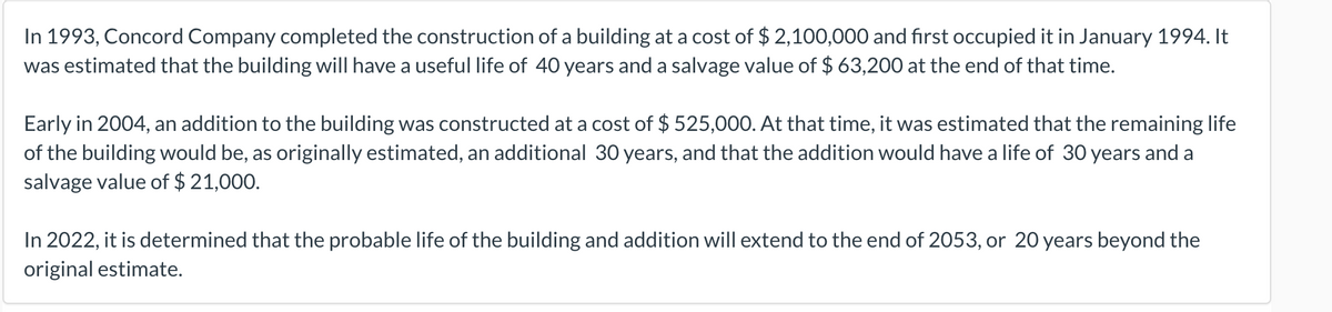 In 1993, Concord Company completed the construction of a building at a cost of $ 2,100,000 and first occupied it in January 1994. It
was estimated that the building will have a useful life of 40 years and a salvage value of $ 63,200 at the end of that time.
Early in 2004, an addition to the building was constructed at a cost of $ 525,000. At that time, it was estimated that the remaining life
of the building would be, as originally estimated, an additional 30 years, and that the addition would have a life of 30 years and a
salvage value of $ 21,000.
In 2022, it is determined that the probable life of the building and addition will extend to the end of 2053, or 20 years beyond the
original estimate.
