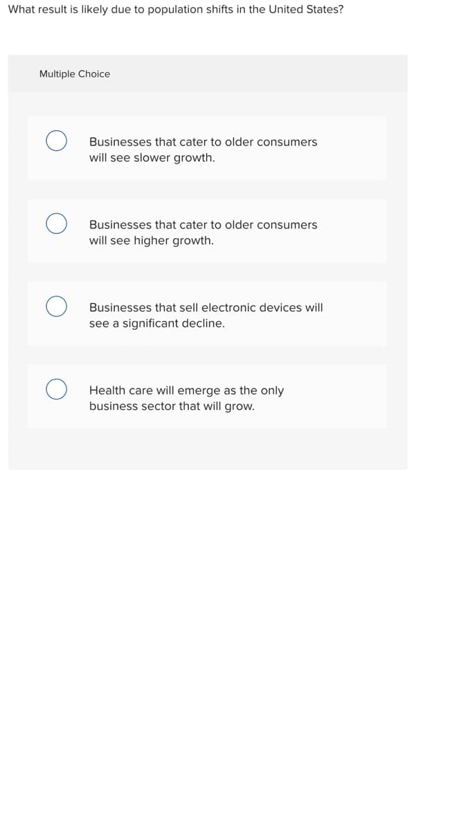 What result is likely due to population shifts in the United States?
Multiple Choice
Businesses that cater to older consumers
will see slower growth.
Businesses that cater to older consumers
will see higher growth.
Businesses that sell electronic devices will
see a significant decline.
Health care will emerge as the only
business sector that will grow.