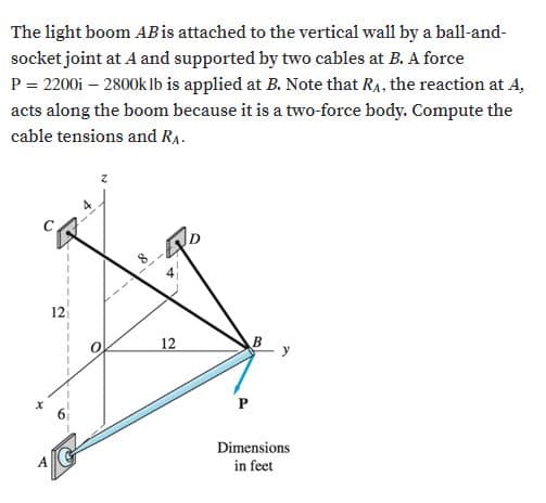 The light boom AB is attached to the vertical wall by a ball-and-
socket joint at A and supported by two cables at B. A force
P = 2200i – 2800k Ib is applied at B. Note that RA, the reaction at A,
acts along the boom because it is a two-force body. Compute the
cable tensions and RA.
12
12
P
Dimensions
in feet
