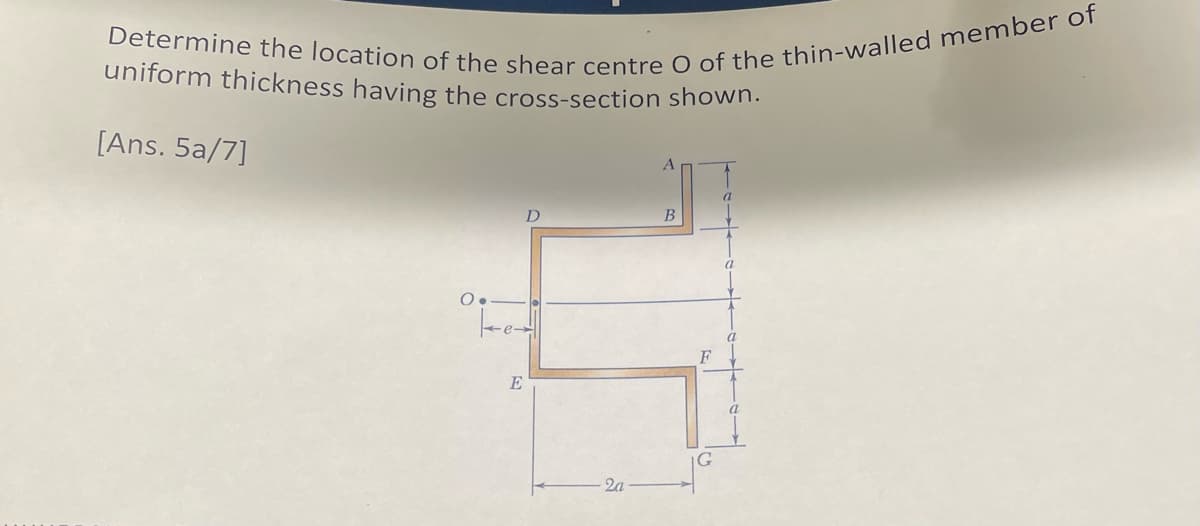 Determine the location of the shear centre O of the thin-walled member of
uniform thickness having the cross-section shown.
[Ans. 5a/7]
O.
E
D
2a
B
F
G