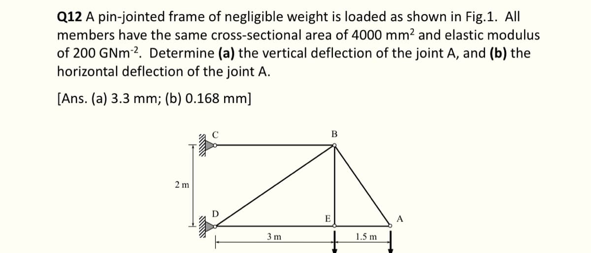 Q12 A pin-jointed frame of negligible weight is loaded as shown in Fig.1. All
members have the same cross-sectional area of 4000 mm² and elastic modulus
of 200 GNm 2. Determine (a) the vertical deflection of the joint A, and (b) the
horizontal deflection of the joint A.
[Ans. (a) 3.3 mm; (b) 0.168 mm]
2 m
3 m
B
E
1.5 m
A