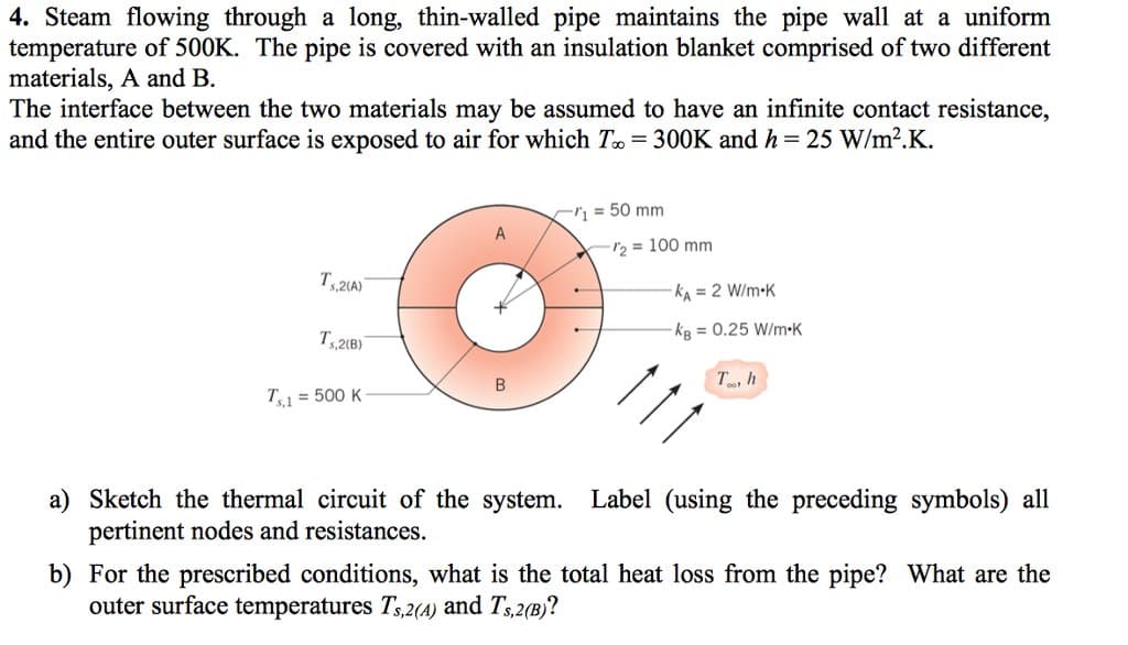 4. Steam flowing through a long, thin-walled pipe maintains the pipe wall at a uniform
temperature of 500K. The pipe is covered with an insulation blanket comprised of two different
materials, A and B.
The interface between the two materials may be assumed to have an infinite contact resistance,
and the entire outer surface is exposed to air for which To = 300K and h = 25 W/m².K.
T₁,2(A)
T₁,2(B)
Ts,1 = 500 K
B
₁ = 50 mm
.
-12 = 100 mm
-KA = 2 W/m.K
-KB = 0.25 W/m-K
To h
a) Sketch the thermal circuit of the system. Label (using the preceding symbols) all
pertinent nodes and resistances.
b) For the prescribed conditions, what is the total heat loss from the pipe? What are the
outer surface temperatures T, 2(4) and T₁,2(B)?