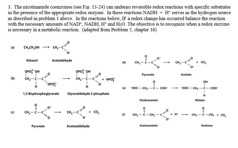 3. The nicotinamide coenzymes (see Fig. 13-24) can undergo reversible redox reactions with specific substrates
in the presence of the appropriate redox enzyme. In these reactions NADH + H* serves as the hydrogen source
as described in problem 1 above. In the reactions below, IF a redox change has occurred balance the reaction
with the necessary amounts of NAD+, NADH, H* and H2O. The objective is to recognize when a redox enzyme
is necessary in a metabolic reaction. (adapted from Problem 5, chapter 16)
(a)
CH,CH,OH
CH,
H.
Ethanol
Acetaldehyde
(d)
CH,-
CH,
+ co2
OPO OH
OPo? OH
сH, — с —с
`OPO;-
Pyruvate
Acetate
(b)
CH,-C-C
+ HPO?
он
TH.
H.
(e) -оос— сн, —с— соо-
-оос— сн, — с — соо-
1,3-Bisphosphoglycerate
Glyceraldehyde 3-phosphate
H
Oxaloacetate
Malate
(c)
сH, — с —с
сн, —с
+ co2
сH, — с — сн-
+ H*
+ CH,- C-CH; + Co,
(f)
Pyruvate
Acetataldehyde
Acetoacetate
Acetone
