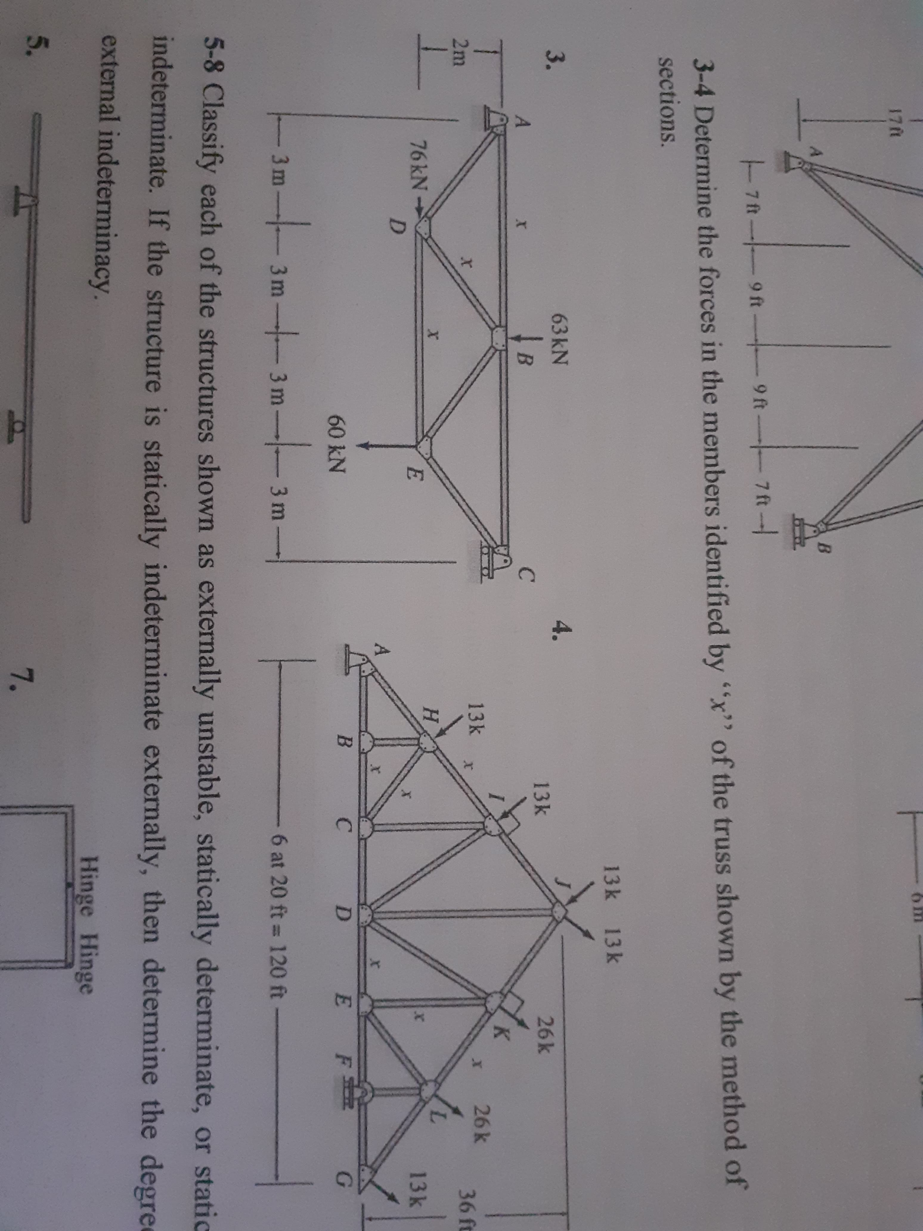 3-4 Determine the forces in the members identified by "x" of the truss shown by the method of
sections.
