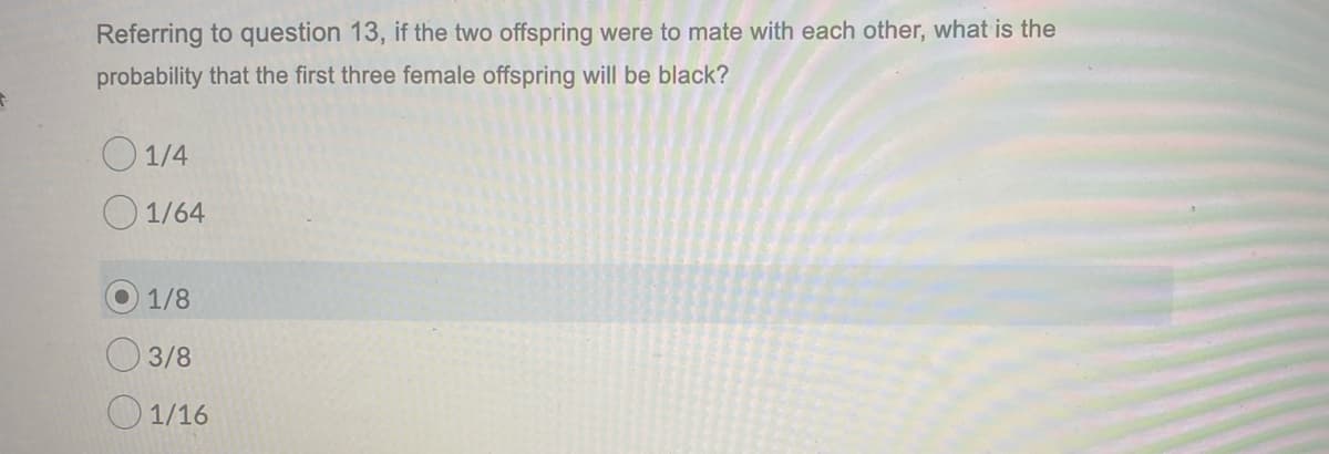 Referring to question 13, if the two offspring were to mate with each other, what is the
probability that the first three female offspring will be black?
O 1/4
1/64
O 1/8
3/8
O 1/16

