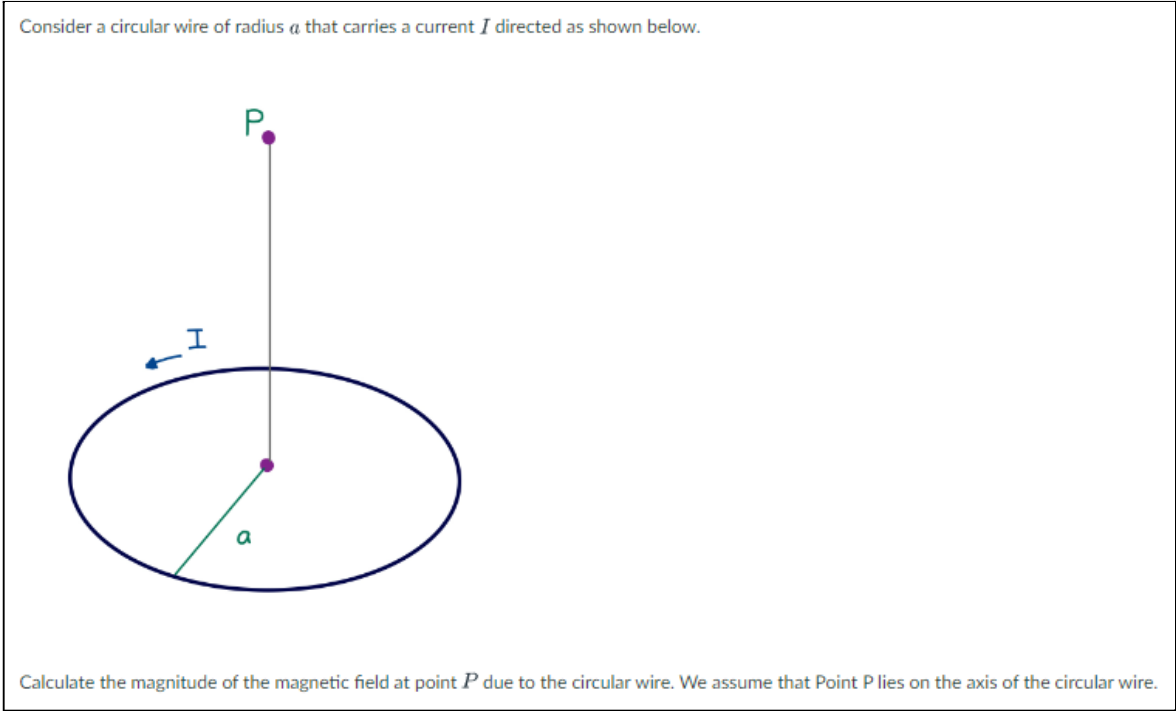 Consider a circular wire of radius a that carries a current I directed as shown below.
P
a
Calculate the magnitude of the magnetic field at point P due to the circular wire. We assume that Point P lies on the axis of the circular wire.