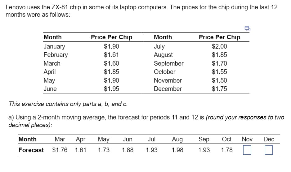 Lenovo uses the ZX-81 chip in some of its laptop computers. The prices for the chip during the last 12
months were as follows:
Month
January
February
March
April
May
June
Price Per Chip
$1.90
$1.61
$1.60
$1.85
$1.90
$1.95
Month
Mar Apr May
Forecast $1.76 1.61 1.73
Month
July
August
Jun
1.88
September
October
November
December
This exercise contains only parts a, b, and c.
a) Using a 2-month moving average, the forecast for periods 11 and 12 is (round your responses to two
decimal places):
Price Per Chip
$2.00
$1.85
$1.70
$1.55
$1.50
$1.75
Jul Aug Sep Oct Nov Dec
1.93 1.98
1.93
1.78