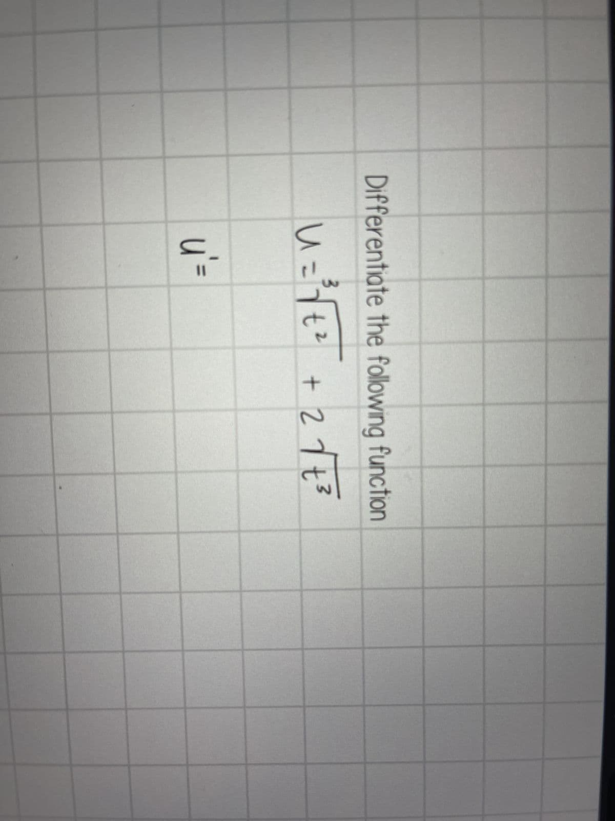 Differentiate the following function
3
U = ²³√ +² + 2√²+²
и
u' =