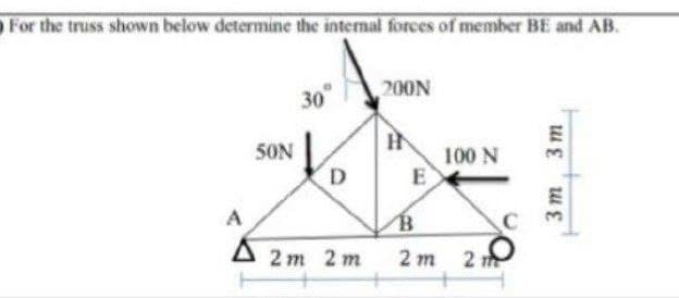 For the truss shown below determine the internal forces of member BE and AB.
200N
30
50N
100 N
E
A
A 2 m 2 m
2
2 m
3 m

