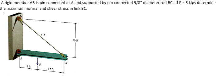 A rigid member AB is pin connected at A and supported by pin connected 5/8" diameter rod BC. If P = 5 kips determine
the maximum normal and shear stress in link BC.
8f
(1)
12 f
B
16 ft