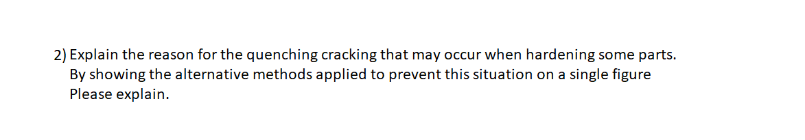 2) Explain the reason for the quenching cracking that may occur when hardening some parts.
By showing the alternative methods applied to prevent this situation on a single figure
Please explain.
