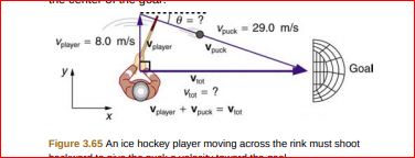 Volayer = 8.0 m/s
Vplayer
Vpuck- 29.0 m/s
Vouck
У
Vut
Vor= ?
Vot
Goal
Vpiayer + Vp
Figure 3.65 An ice hockey player moving across the rink must shoot
