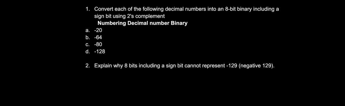 1. Convert each of the following decimal numbers into an 8-bit binary including a
sign bit using 2's complement
Numbering Decimal number Binary
а. -20
b. -64
С. -80
d. -128
2. Explain why 8 bits including a sign bit cannot represent -129 (negative 129).
