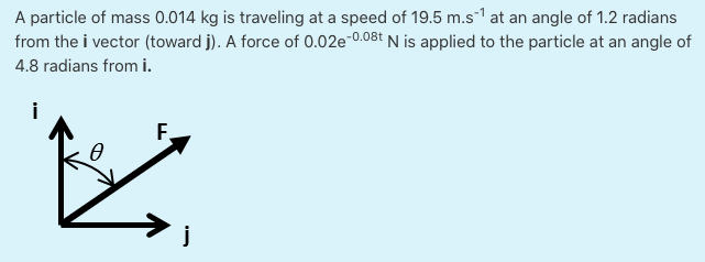 A particle of mass 0.014 kg is traveling at a speed of 19.5 m.s1 at an angle of 1.2 radians
from the i vector (toward j). A force of 0.02e-0.08t N is applied to the particle at an angle of
4.8 radians from i.
F.
