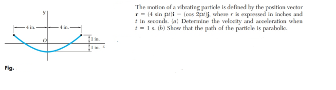 The motion of a vibrating particle is defined by the position vector
r = (4 sin pt)i – (cos 2pt)j, where r is expressed in inches and
t in seconds. (a) Determine the velocity and acceleration when
t = 1 s. (b) Show that the path of the particle is parabolic.
4 in.
-4 in.
Tl in.
țl in. I
Fig.
